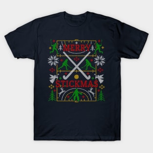 Funny Field Hockey Ugly Christmas Sweater Party Merry Stickmas T-Shirt